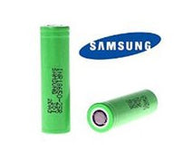 Samaung 25R 18650 batteries displayed on a white background with SAMSUNG logo on top left corner.
