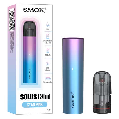 Smok Solus Vape Kit showing parts of the device and packaging on a white background.