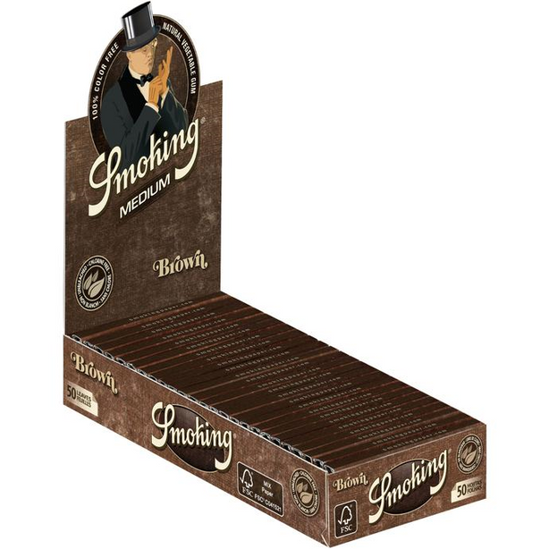 Smoking unbleached rolling papers in retail packaging on a white background.