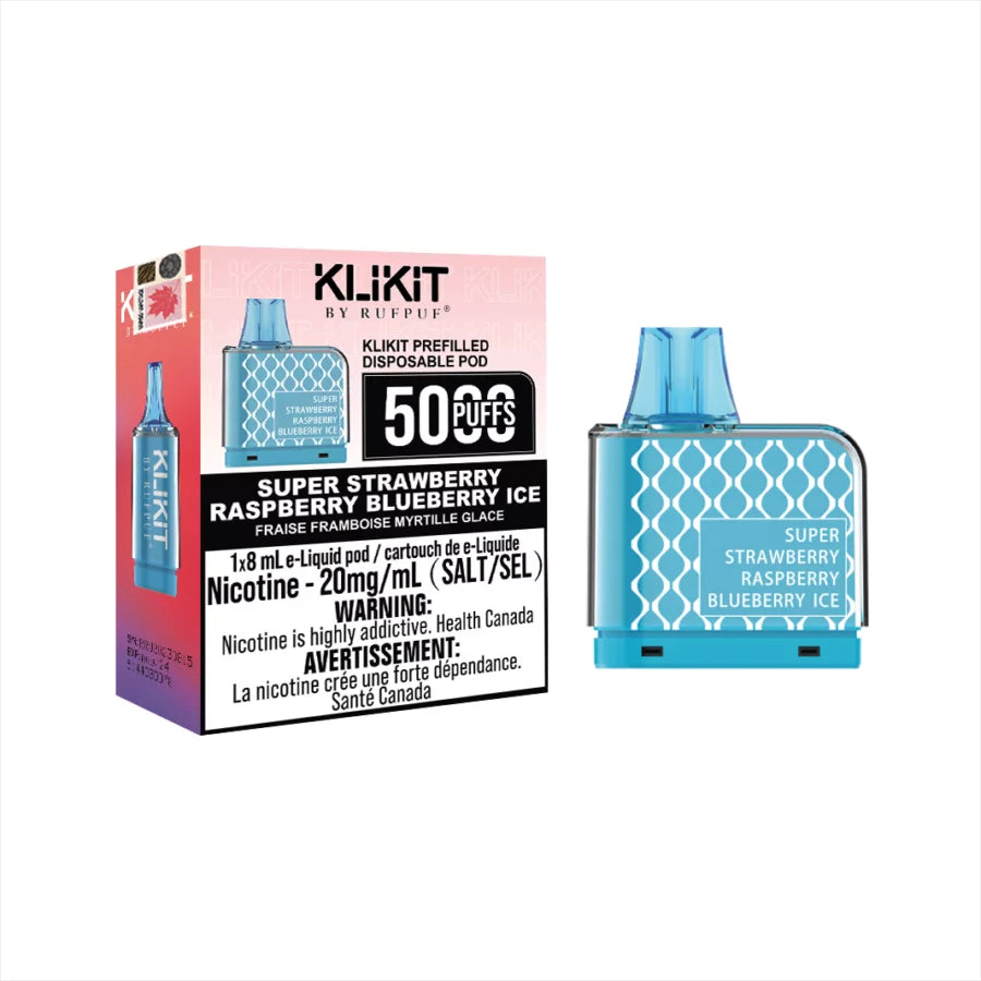 Klikit Super Strawberry Raspberry Blueberry Ice replacement pod on white background with packaging.