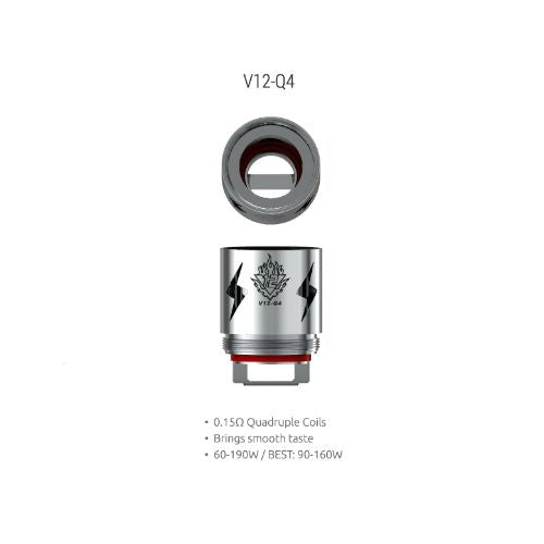 A single TFV12-Q4 coil for electronic cigarettes, featuring a metallic body with black and red detailing, and specifications provided around the image.