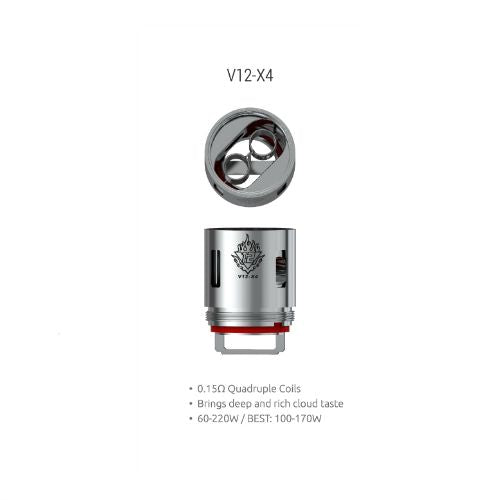 Smok TFV12 X4 coil on a white background with details on parameters.