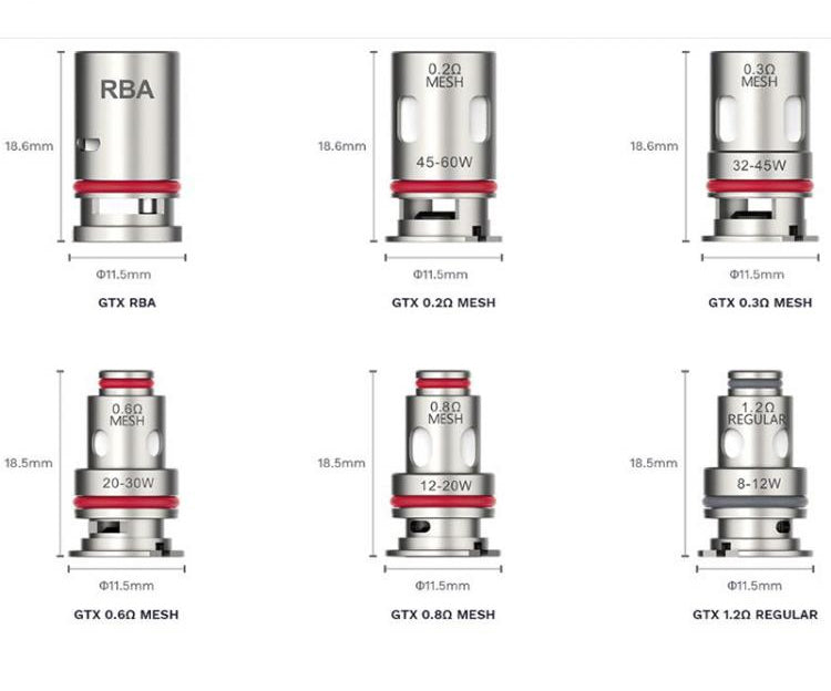Vaporesso GTX Mesh Coils displayed on a white background with details of ohmage and wattage.