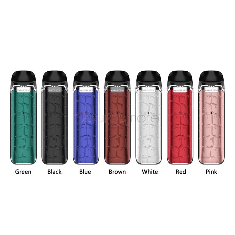 7 Vaporesso Luxe Q vape pod kits showing available colors on a white background.
