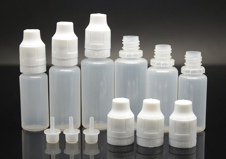 LDPE e-Juice bottles showing three pieces included and various sizes available on a black background.