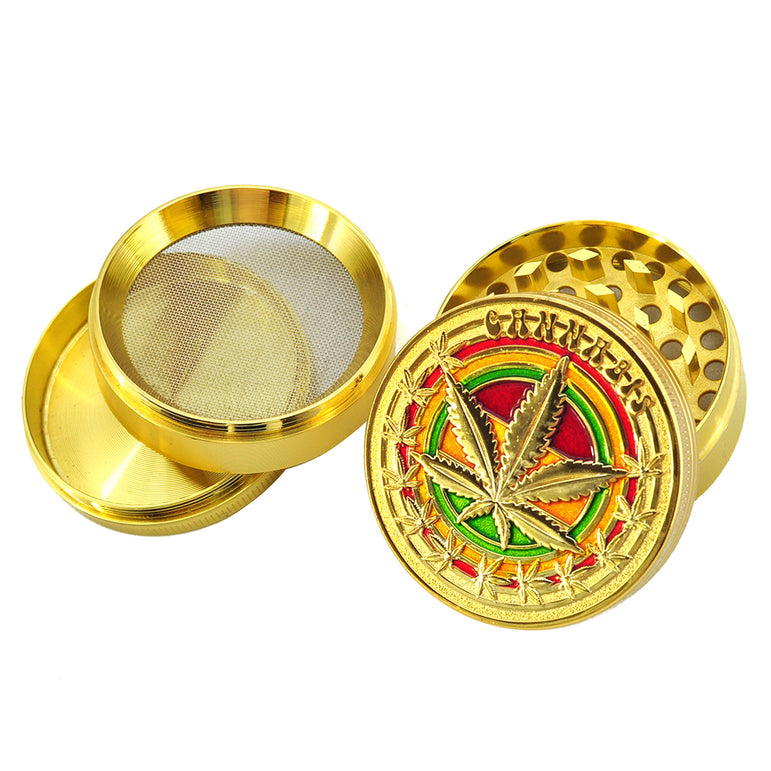 Rasta Leaf Grinder three piece on a white background.