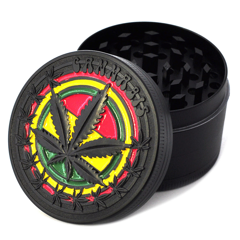 Rasta leaf grinder black two pieces shown on a white background.